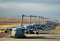 U.S. air force transport planes row up on base