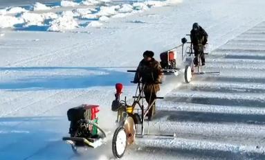 Harvesting ice blocks in Harbin