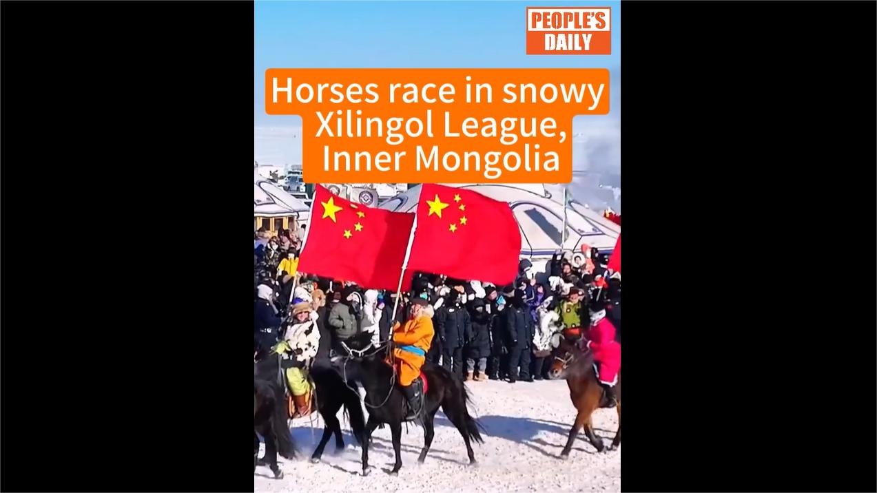 Horses race in snowy Xilingol League, Inner Mongolia
