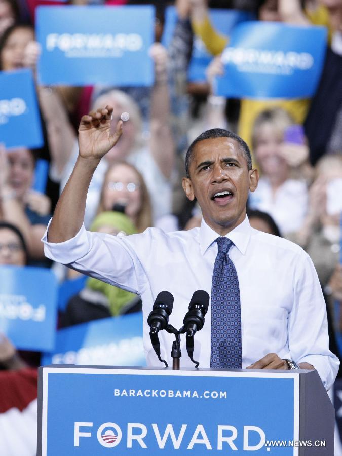 Photo taken on Oct. 5, 2012 shows that U.S. President Barack Obama speaks during a campaign rally in Fairfax, Virginia, the United States. Barack Obama wins U.S. presidential elections. (Xinhua/Fang Zhe)