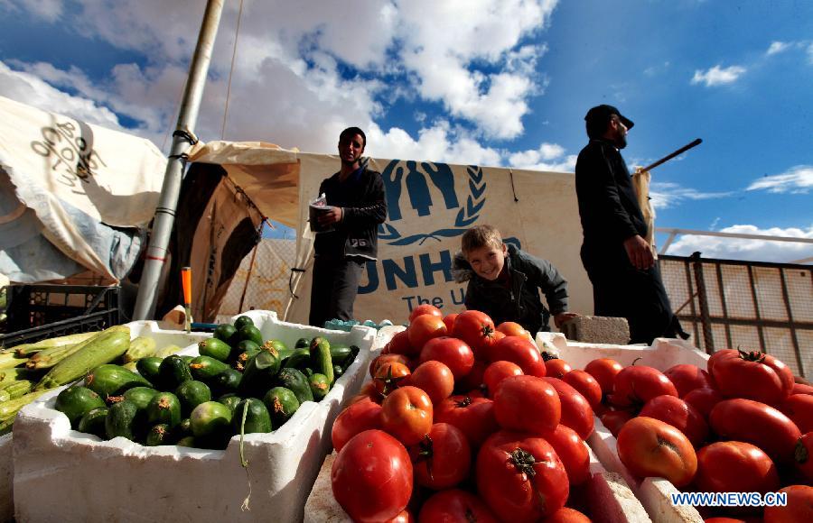 Venders sell vegetables at Al Zaatri Syrian refugee camp in the Jordanian city of Mafraq, near the border with Syria, on Nov. 12, 2012. (Xinhua/Mohammad Abu Ghosh)
