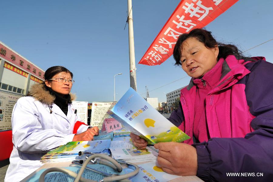 A citizen consults a nurse about diabetes during a free clinic service in Yinchuan,capital of northwest China's Ningxia Hui Autonomous Region, Nov. 14, 2012. An activity of free clinic service was held by Ningxia Chinese Medicine Hospital to welcome the World Diabetes Day on Wednesday. (Xinhua/Peng Zhaozhi) 