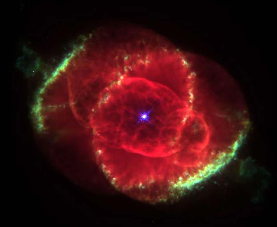 The Cat's Eye Nebula. Three thousand light-years away, a dying star throws off shells of glowing gas. This image from the Hubble Space Telescope reveals the Cat's Eye Nebula to be one of the most complex planetary nebulae known. (Photo/ NASA)