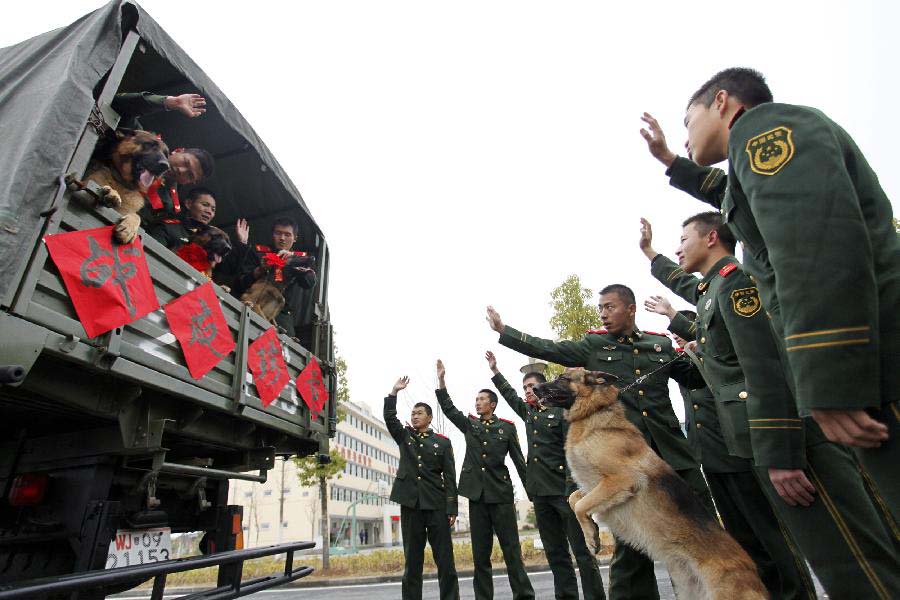 Police dog handlers wave farewell to their dogs which have completed military service in Jiangsu Armed Police Corps in Nanjing, capital of east China's Jiangsu Province, Nov. 23, 2012. Five police dogs have to leave the corps as their term of military service is due. (Xinhua/Li Ke) 