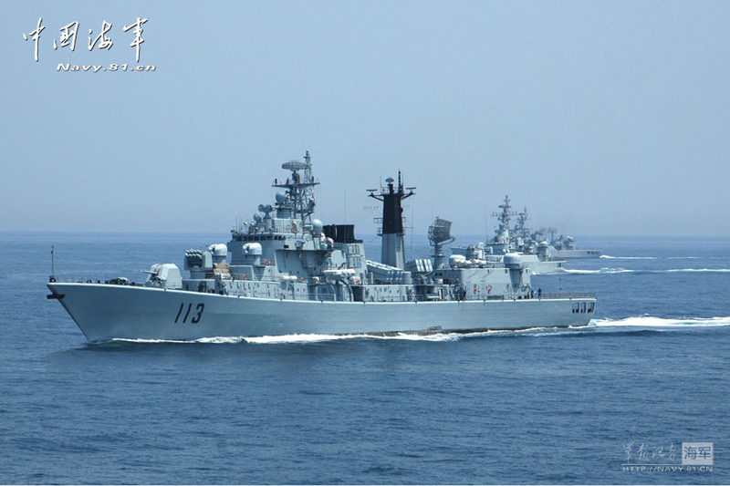 The first destroyer fleet of the Navy of the Chinese People's Liberation Army (PLA) equipped with the information-based maritime combat platform conducts joint training. (China Military Online)