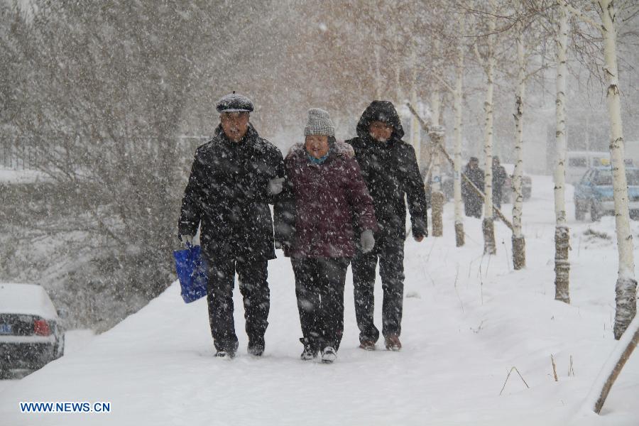 Citizens walk in the snow on a street in Altay, northwest China's Xinjiang Uygur Autonomous Region, Nov. 26, 2012. Heavy snow hit Altay since last Monday, bringing inconveniences to the herdsmen and traffic here. (Xinhua/Tang Xiaobo) 