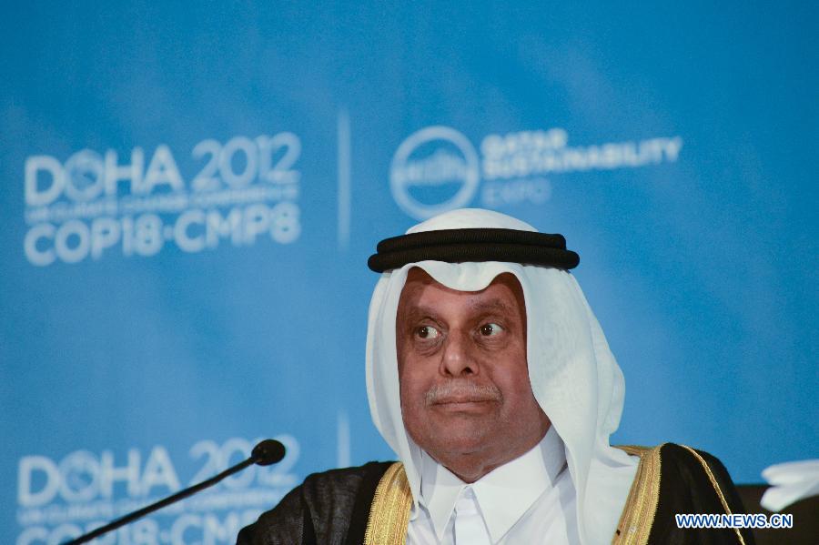 Abdullah bin Hamad Al-Attiyah, president of the 18th Conference of the Parties (COP18) to the United Nations Framework Convention on Climate Change (UNFCCC), attends a joint press conference with UNFCCC Executive Secretary Christiana Figueres (not in picture) after the opening of Qatar Sustainability Expo at the Doha Exhibition Center (DEC) in Doha, Nov. 26, 2012. Qatar Sustainability Expo, a demonstration of various environmentally-friendly technology projects from Qatar and abroad, opened at the DEC on Monday. (Xinhua/Li Muzi) 