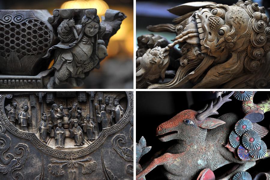 The combined photo shows items displayed at an exhibition of ancient Chinese architectural woodcarving components in Jinan, capital of east China's Shandong Province, Nov. 29, 2012. (Xinhua/Guo Xulei)