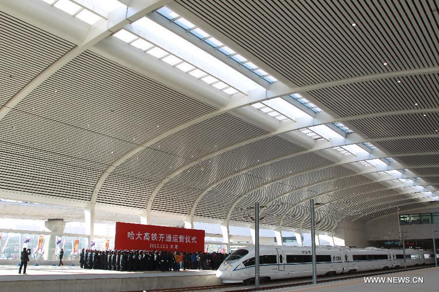 People attend the launching ceremony of the world's first high-speed railway in areas with extremely low temperature at Dalian North Railway Station in Dalian, northeast China's Liaoning Province, Dec. 1, 2012. (Xinhua/Wang Dabin)
