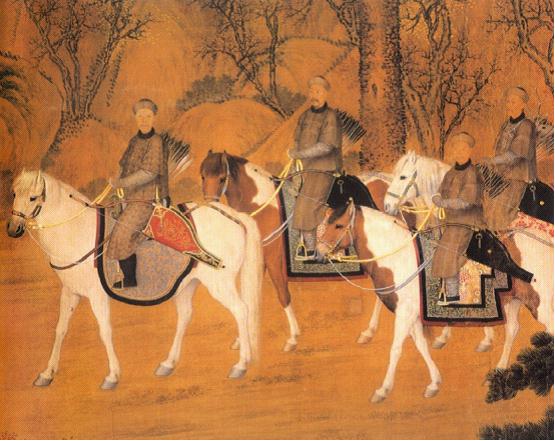 (Italy) Part of Lang Shining's Deer Hunting, which shows garments worn for riding and hunting when Manchu noble men hunting in hunting ground. Deer hunting was a kind of imperial hunting activity with the function of both entertainment and practicing military skills. The drawing was painted in 1741.