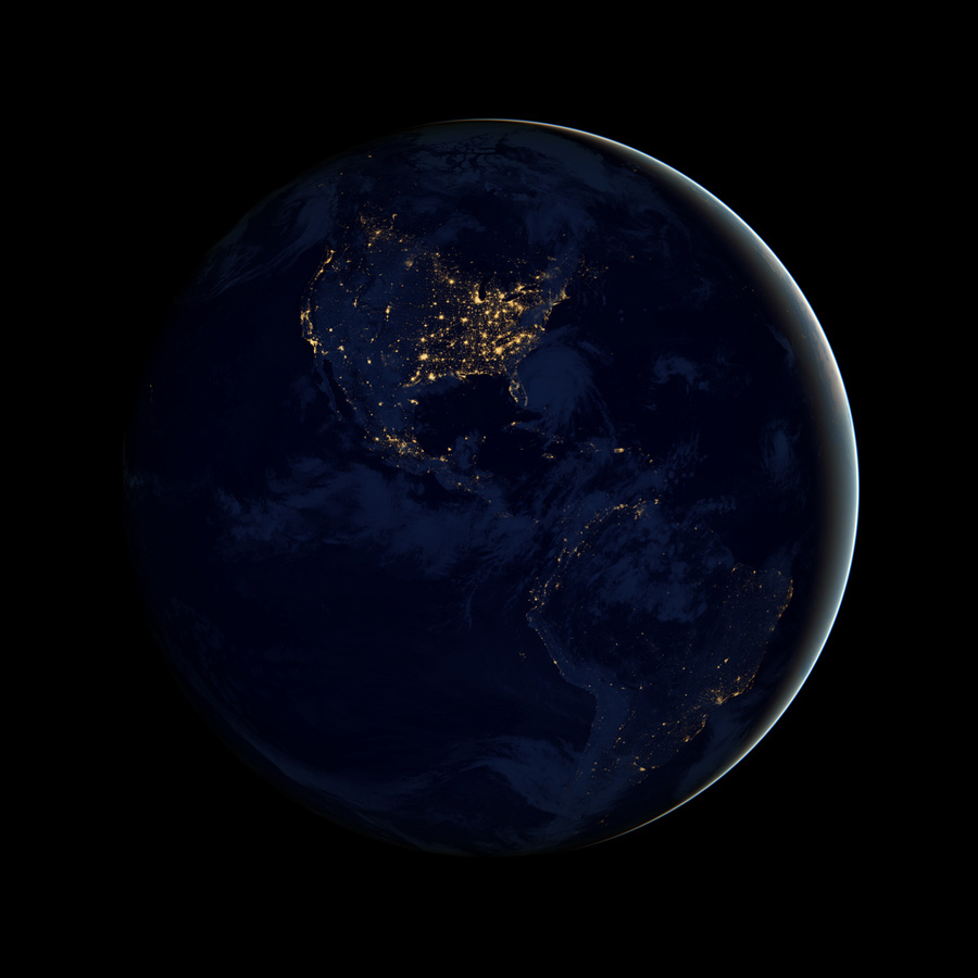 This image of North and South America at night is a composite assembled from data acquired by the Suomi NPP satellite in April and October 2012. The new data was mapped over existing Blue Marble imagery of Earth to provide a realistic view of the planet.(Photo/NASA)