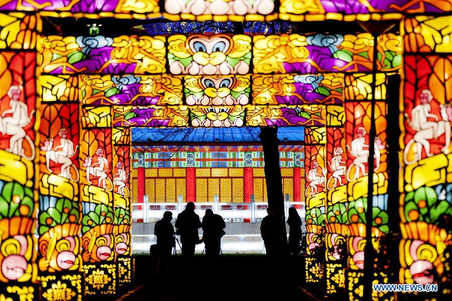 Visitors enjoy the Chinese Light Festival in Rotterdam on Dec. 6, 2012. The festival, including 35 illuminated figures, will last to February 14th of next year.(Xinhua/Rick Nederstigt)