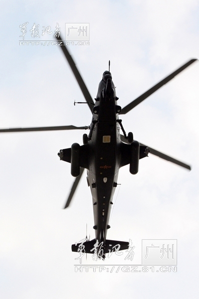 China's independently-developed WZ-10 armed helicopter of an army aviation brigade of the Guangzhou Military Area Command (MAC) of the Chinese People's Liberation Army (PLA) is in training. (China Military Online/Li Sanhong)