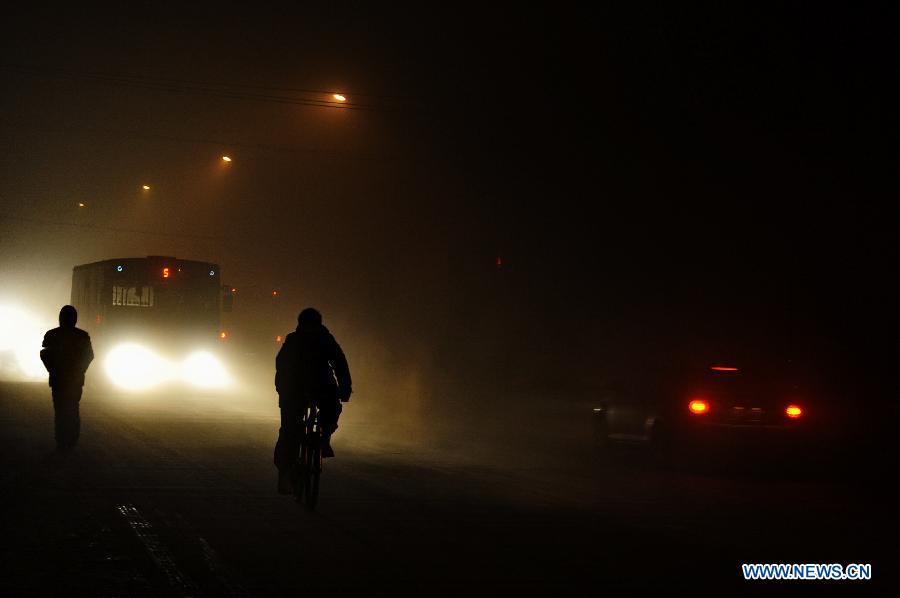 A citizen rides in fog in Changchun, capital of northeast China's Jilin Province, Dec. 14, 2012. Heavy fog covered some parts of Changchun on Friday.(Xinhua/Zhang Nan)