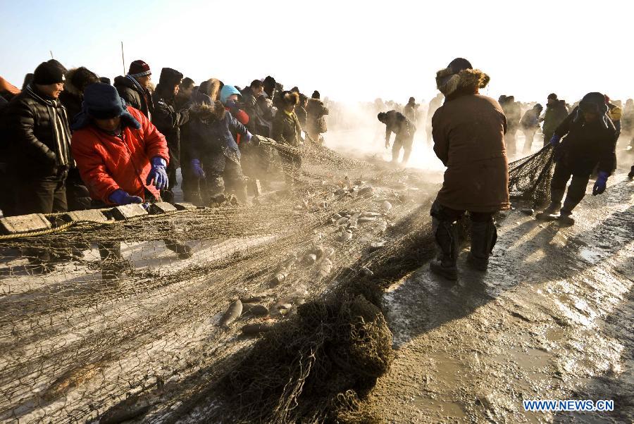 Local fishermen net fish during an ice fishing event in the Chagan Lake in Qian Gorlos Mongolian Autonomous County, northeast China's Jilin Province, Dec. 27, 2012. (Xinhua/Ma Caoran)