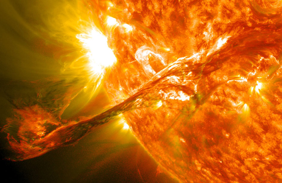 A Solar Filament Erupts. What's happened to our Sun? Nothing very unusual -- it just threw a filament. At the end of last month, a long standing solar filament suddenly erupted into space producing an energetic Coronal Mass Ejection (CME). (File photo/ NASA's GSFC)