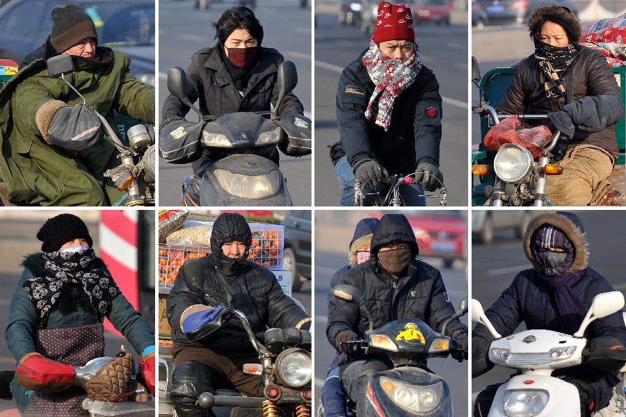 This combined photo shows citizens dressing in warm clothes while riding in Taiyuan, north China's Shanxi Province, Jan. 5, 2013. Jan. 5 is the Slight Cold, the 23rd solar term according to the traditional Chinese lunar calendar, ushering in the coldest period in China. (Xinhua/Zhan Yan)