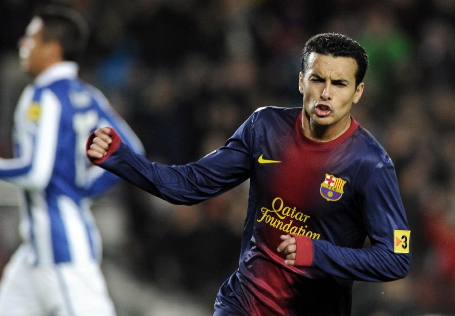 Barcelona's Pedro Rodriguez celebrates a goal against Espanyol during their Spanish First division soccer league match at Camp Nou stadium in Barcelona January 6, 2013. (Xinhua/Reuters Photo)