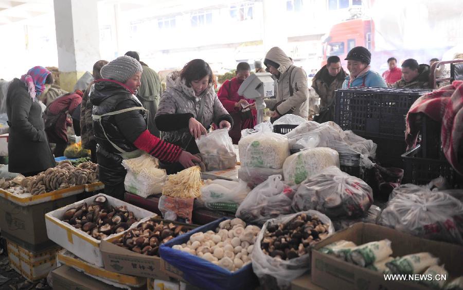 People buy vegetables at the Renxin farm produce wholesale market in Lhasa, capital of southwest China's Tibet Autonomous Region, Jan. 8, 2013. Vegetable prices have risen slightly in Lhasa because of cold weather. (Xinhua/Liu Kun) 