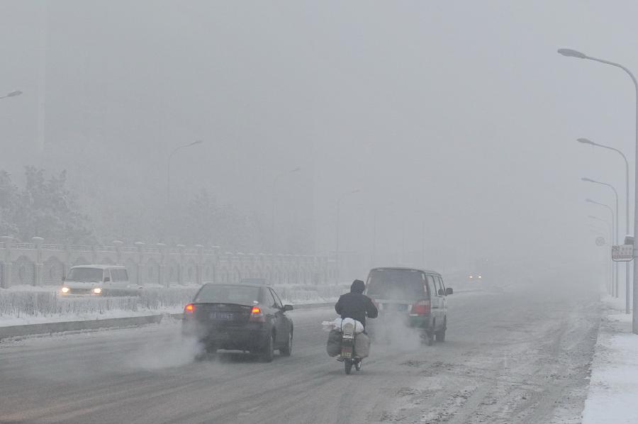 Vehicles move in the fog on a street in Changchun, capital of northeast China's Jilin Province, Jan. 13, 2013. Heavy fog hit Changchun on Sunday. (Xinhua/Zhang Nan) 