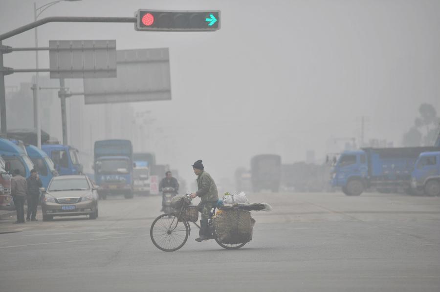 A man rides on a fog-shrouded road in Liuzhou City, southwest China's Guangxi Zhuang Autonomous Region, Jan. 13, 2013. Dense fog on Sunday hit China's east and central regions from the northeast to the south, causing serious air pollution. (Xinhua/Li Hanchi) 
