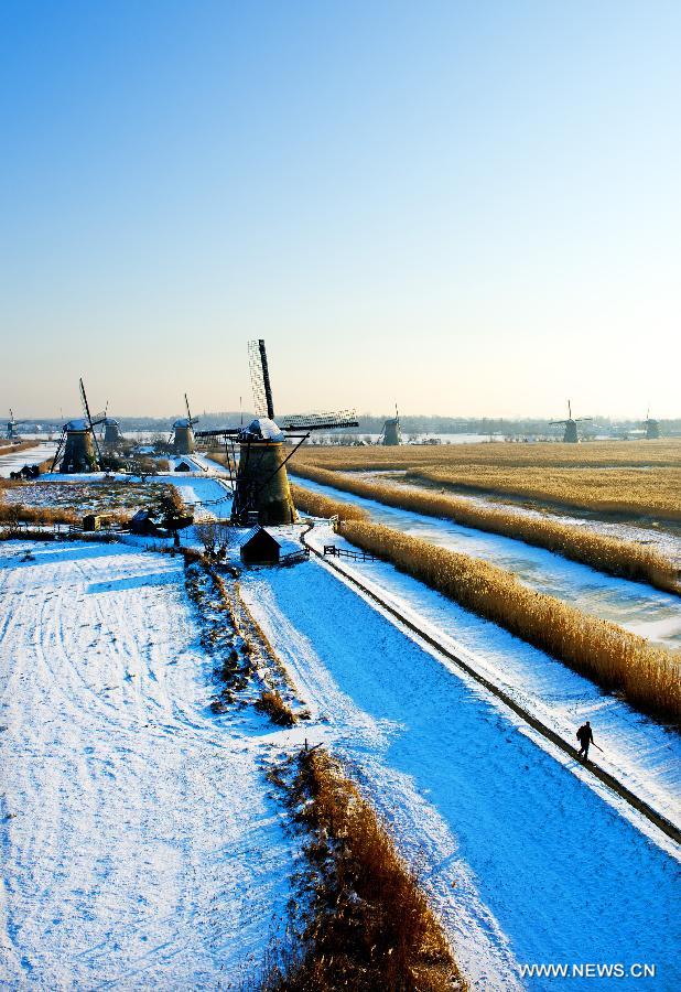 Windmills are seen after snowfall in Kinderdijk, west of the Netherlands, Jan. 16, 2013. The small town of Kinderdijk is known for its 19 well-preserved windmills which were built around 1740. Every year about 500,000 tourists visit Kinderdijk, a UNESCO World Heritage site since 1997. (Xinhua/Robin Utrecht) 