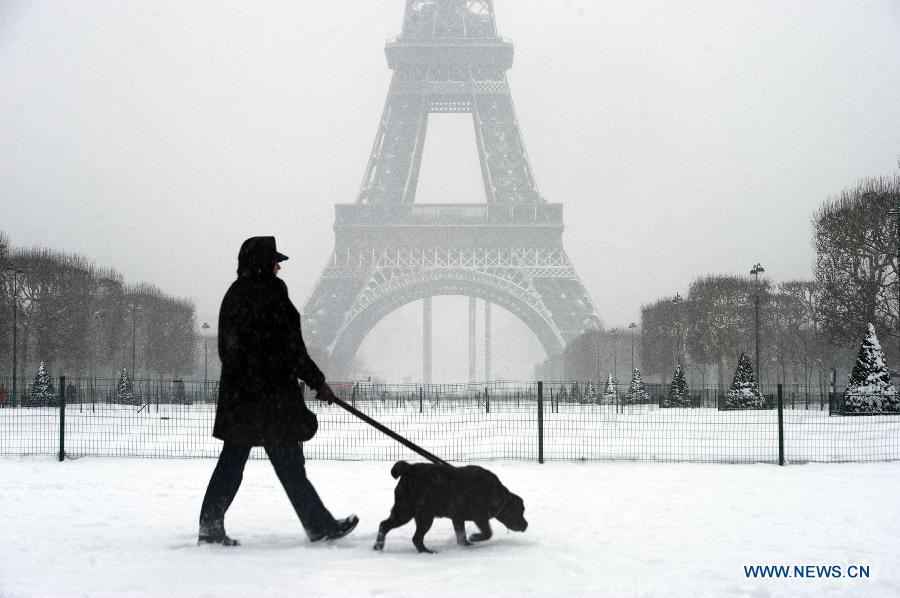 A woman walks with a dog in snow in Paris, capital of France, Jan. 20, 2013. Heavy snowfall hit most parts of France since Jan. 18, affecting its traffic and power supply. (Xinhua/Etienne Laurent) 