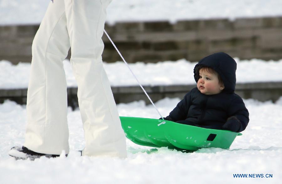 A child is pulled on the sleigh in the snow in London, Britain, Jan. 21, 2013. (Xinhua/Yin Gang)
