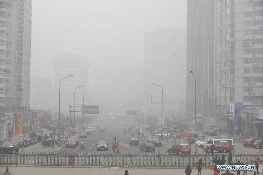 Citizens and vehicles are seen on the fog-enveloped Yinhe Street in Beijing, capital of China, Jan. 23, 2013. The air quality hit the level of serious pollution in Beijing on Wednesday, as smog blanketed the city. (Xinhua/He Junchang) 