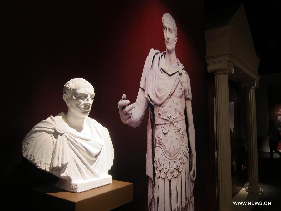 A bust statue of Julius Caesar is seen during an exhibition at Hong Kong Science Museum in south China's Hong Kong, Jan. 23, 2013. Exhibition "Julius Caesar - Military Genius and Mighty Machines" is underway at the Hong Kong Science Museum. More than 40 exhibits reflecting the science and technology of ancient Romans were displayed on the show. (Xinhua/Zhao Yusi)
