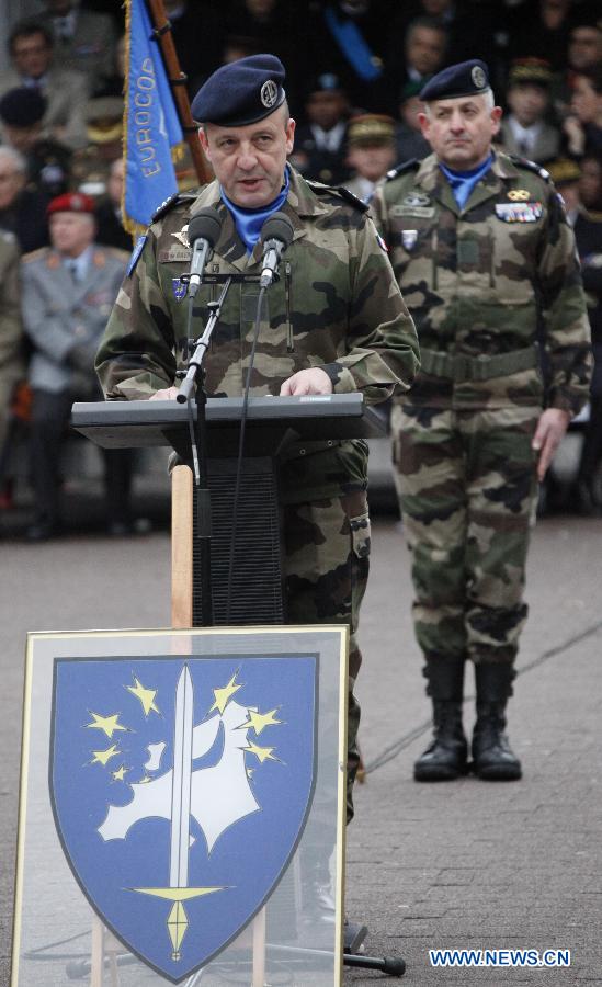 French general and commander of Eurocorps Olivier de Bavinckhove presides over a ceremony marking the end of Eurocorps' intervention in Afghanistan in Strasbourg, France, Jan. 31, 2013. The Eurocorps held a ceremony marking the end of its intervention in Afghanistan on Thursday in Strasbourg. (Xinhua/Wang Xiaojun)
