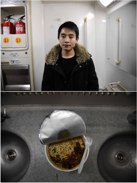 Zhou, 22, is an intern in Beijing after graduation. His supper was instant noodles which cost 3.5 yuan. (Xinhua/Zhou Mi)