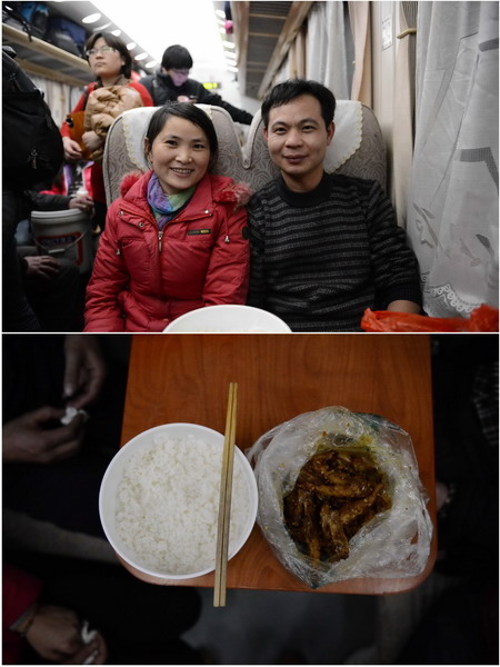 Mr. Xu, 38, and his wife Ms. Yang, 32, work in a garment factory in Beijing. Their supper on the train was homemade rice and chicken wings, which cost 18 yuan. (Xinhua/Zhou Mi)