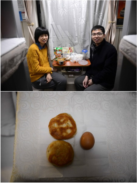Li and his wife Jia, both 26, work in cultural and human resource sectors respectively. They had two sesame seed cakes and eggs for supper, which cost 2.6 yuan. (Xinhua/Zhou Mi)