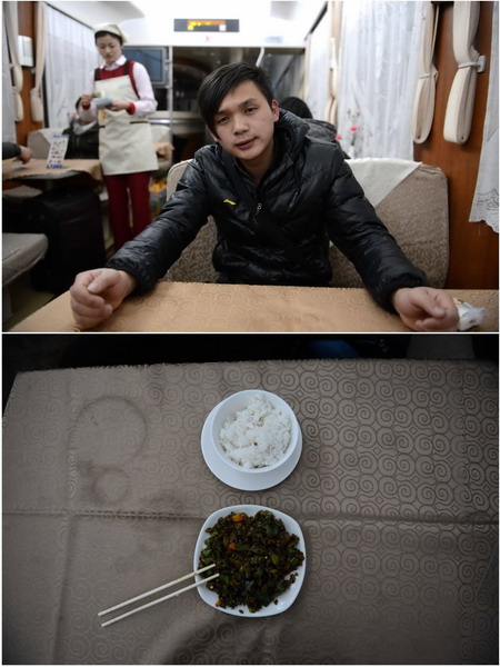 Yang, 22, works in decoration industry in Beijing. He had supper at the restaurant onboard. It cost him 24 yuan, which he said was a little expensive for him. (Xinhua/Zhou Mi)