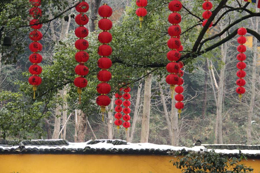 Photo taken on Feb. 11, 2013 shows red lanterns hung on trees in the Faxi Temple in Hangzhou, capital of east China's Zhejiang Province. Many people came to the Faxi Temple to burn incense and pray for blessings for the new year on Monday, the second day of the Chinese lunar New Year. (Xinhua/Ma Ping)