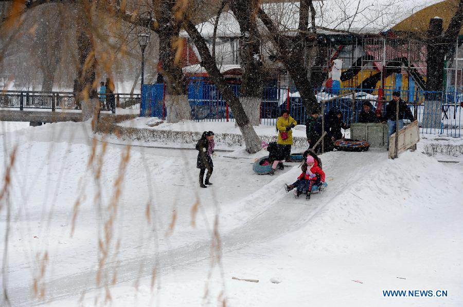 Citizens play in snow in Changchun, capital of northeast China's Jilin Province, Feb. 12, 2013. Some parts of the northeast provinces witnessed snowfall on Tuesday. (Xinhua/Zhang Nan)