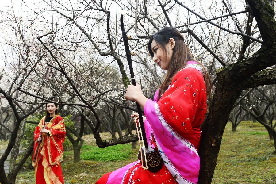 Girls wearing traditional Chinese costumes play folk music under the plum blossoms at Xixi Wetland Park during a plum blossom festival in Hangzhou, capital of east China's Zhejiang Province, Feb. 17, 2013. The festival opened here Sunday. (Xinhua/Li Zhong) 