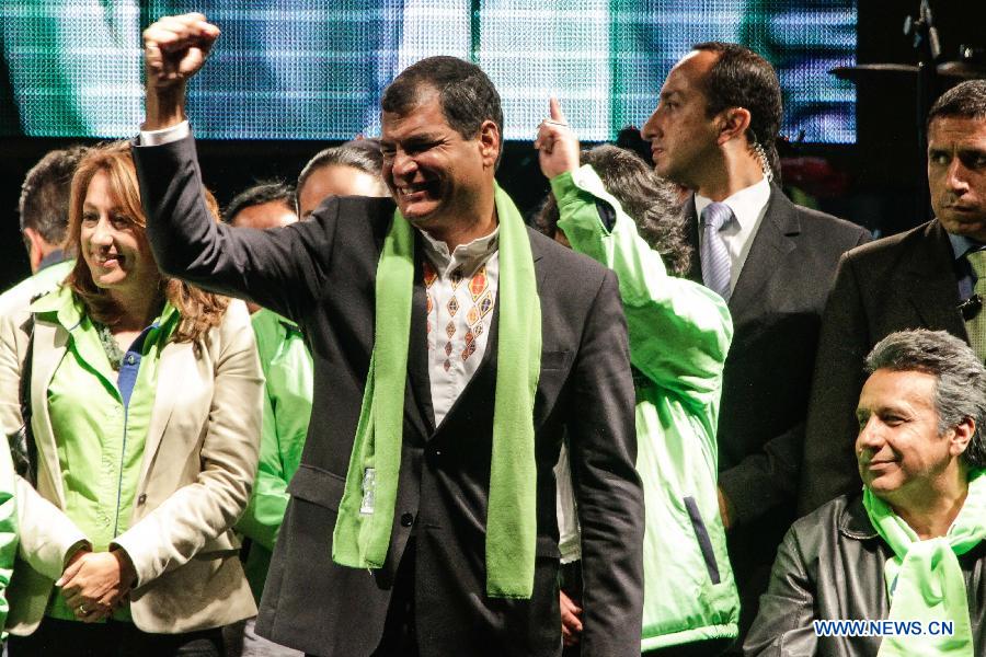 Ecuador's President Rafael Correa (Front) celebrates his virtual re-election, in Quito, capital of Ecuador, on Feb. 17, 2013. Ecuadorian President Rafael Correa was re-elected in Sunday's elections, according to preliminary results. (Xinhua/Jhon Paz) 