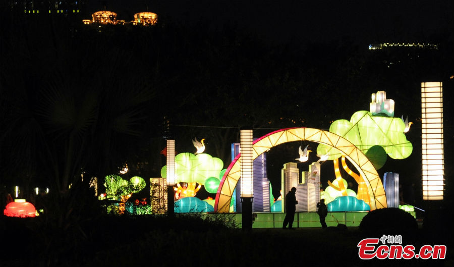Lanterns shine at Minjiang Park in Fuzhou, Fujian Province, February 20, 2013. Lanterns of various shapes are hung in the city to celebrate the coming Lantern Festival, which falls on February 24 this year. (CNS/Liu Kegeng)