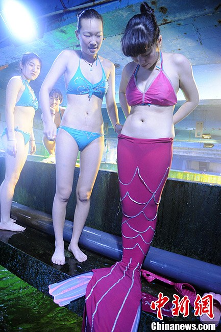 The "mermaids" prepare for the dancing show. (CNS/ Yang Bin)