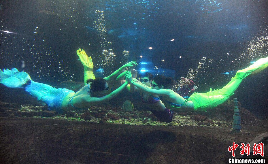 The "mermaids" perform dancing show under water. (CNS/ Yang Bin)