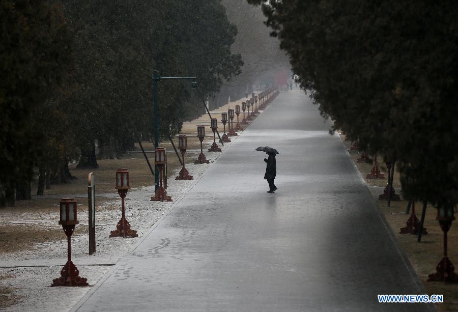 A citizen walks in snow at the Temple of Heaven Park in Beijing, capital of China, Feb. 25, 2013. Beijing received snowfall on Monday. (Xinhua/Jin Liwang) 