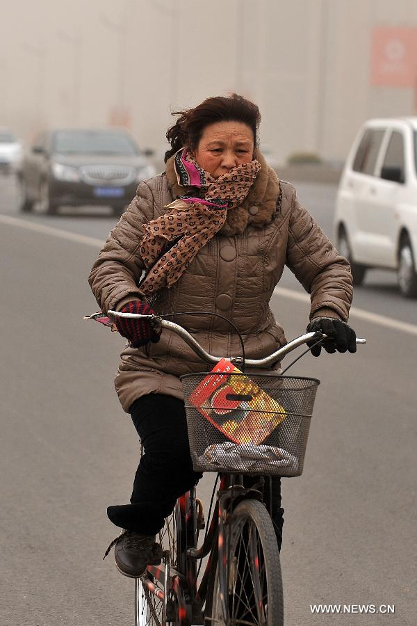 A woman rides a bicycle in a hazy day in Taiyuan, capital of north China's Shanxi Province, Feb. 28, 2013. Pollution worsened in China's north and east provinces as a sand storm hit the region on Thursday. (Xinhua/Zhan Yan)