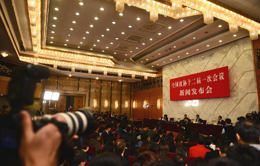 Photo taken on March 2, 2013 shows the scene of a news conference on the first session of the 12th Chinese People's Political Consultative Conference (CPPCC) National Committee held in Beijing, capital of China. The first session of the 12th CPPCC National Committee is scheduled to open in Beijing on March 3. (Xinhua/Jin Liangkuai)