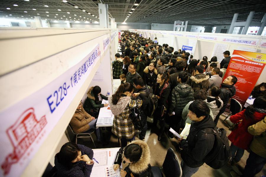 Job seekers attend a job fair in Nanjing, capital of east China's Jiangsu Province, March 2, 2013. More than 20,000 job opportunities were offered at the job fair. (Xinhua/Wang Xin) 