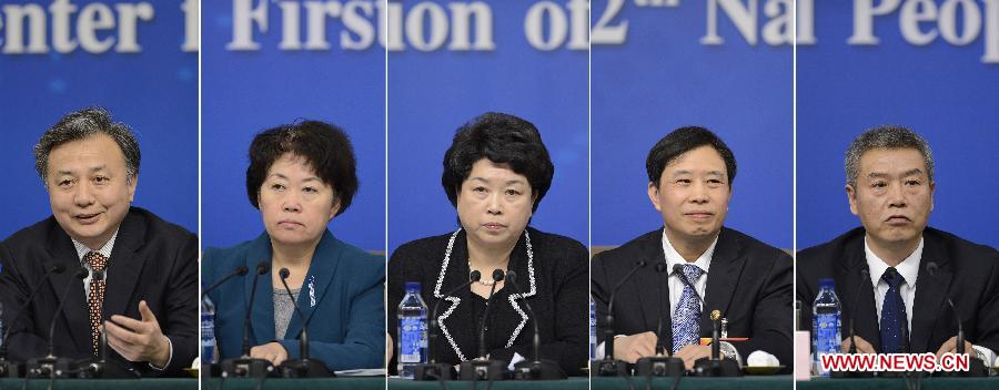 This combined photo shows He Yehui (3rd L), vice general-secretary of the National People's Congress (NPC) Standing Committee, Chen Sixi (2nd R), a member of the Internal and Judical Affairs Commission of the NPC Standing Committee, Xin Chunying (2nd L), Lang Sheng (1st L), deputy directors of the Legislative Affairs Commission of the NPC Standing Committee, and Yao Sheng (1st R), deputy director of the Budgetary Affairs Commission of the NPC Standing Committee, at a press conference on NPC's work held by the first session of the 12th NPC in Beijing, China, March 9, 2013. (Xinhua/Wang Peng)