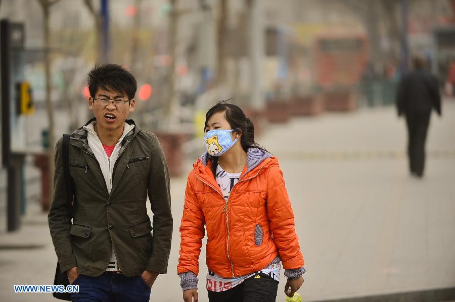Two citizens walk in wind and sand in the city of Xining, capital of northwest China's Qinghai Province, March 9, 2013. A cold front brought strong wind as well as sand and dust to the city on Saturday. (Xinhua/Wu Gang)