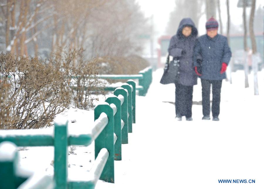 Pedestrians walk on a snow-covered street in Harbin, capital of northeast China's Heilongjiang Province, March 9, 2013. Local meteorological bureau issued a blue alert against heavy snowfall on Saturday morning. (Xinhua/Wang Song)