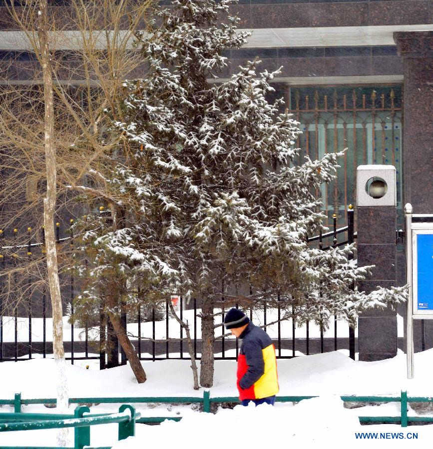 A pedestrian walks on a snow-covered street in Harbin, capital of northeast China's Heilongjiang Province, March 9, 2013. Local meteorological bureau issued a blue alert against heavy snowfall on Saturday morning. (Xinhua/Wang Song) 